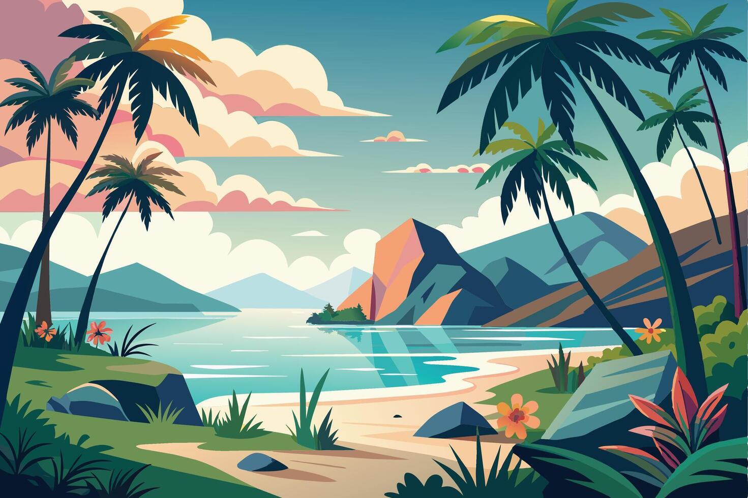 A colorful illustration of a tropical beach scene with palm trees, mountains, and a calm ocean. The scene features lush vegetation and a sandy beach. vector