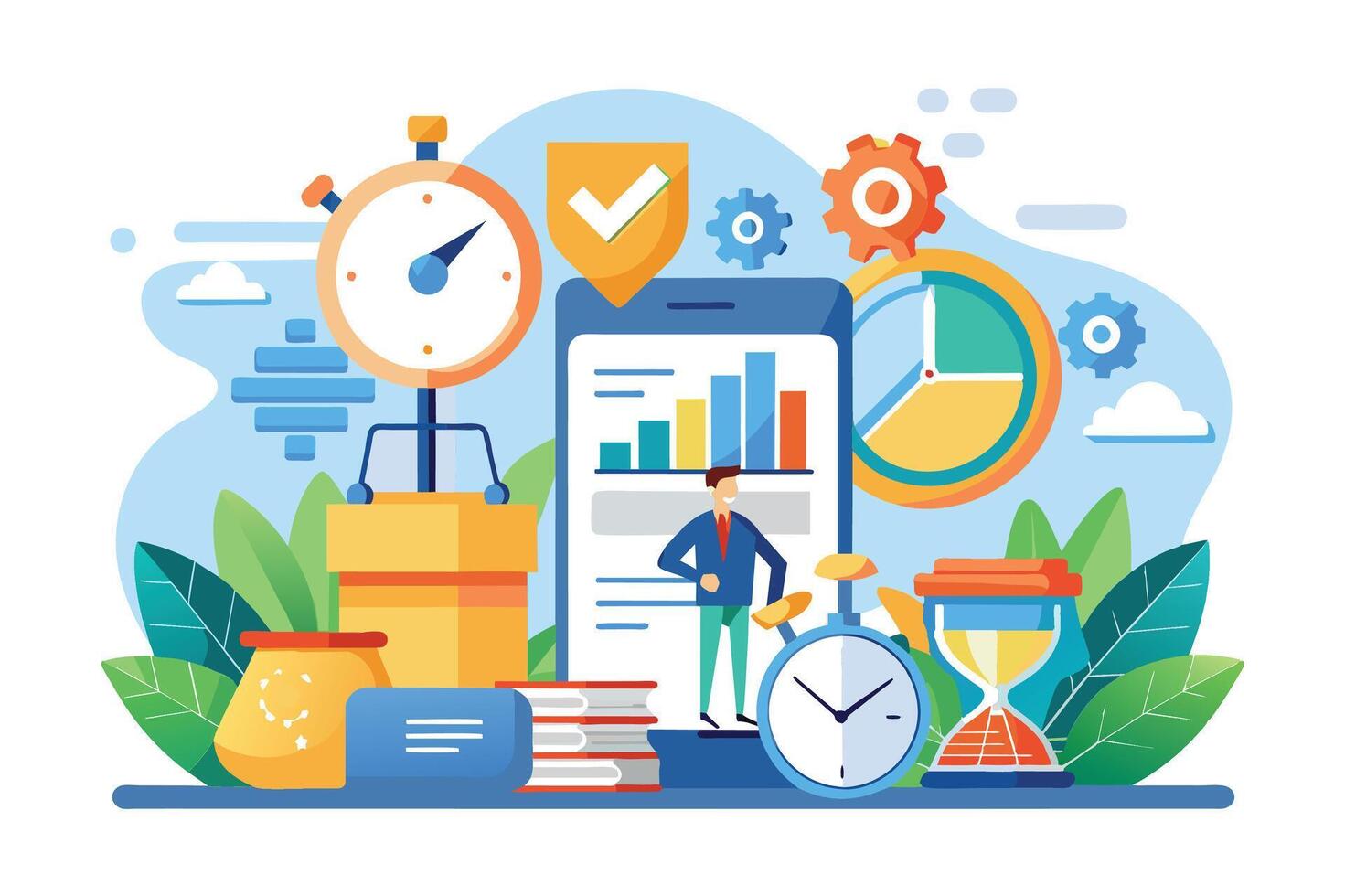 A businessman analyzing data on a mobile phone surrounded by time management icons, emphasizing the importance of time management in business success. vector