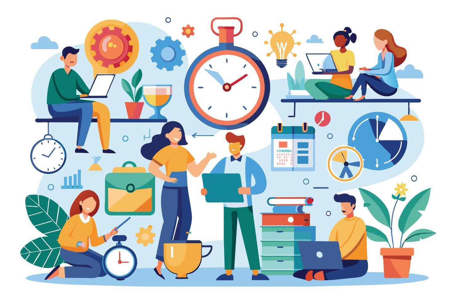 An illustration depicting a group of people engaged in various tasks and projects, surrounded by clocks, calendars, and other time management tools. vector