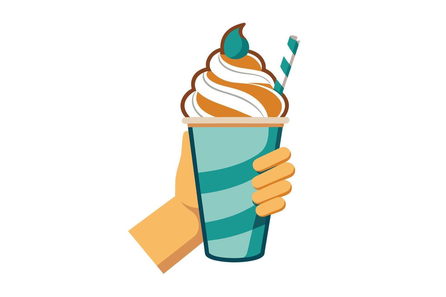 A cartoon hand holds a teal striped cup with a whipped cream topping, brown swirl, a green cherry, and a red and white striped straw. vector