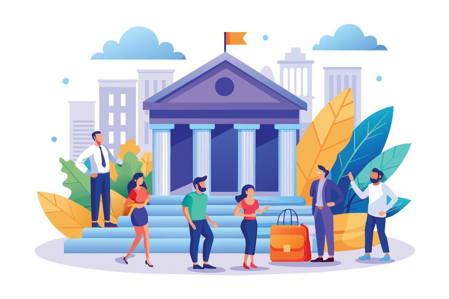 A diverse group of people gathered outside a city hall building. They are dressed in a mix of casual and business attire for a public event. vector