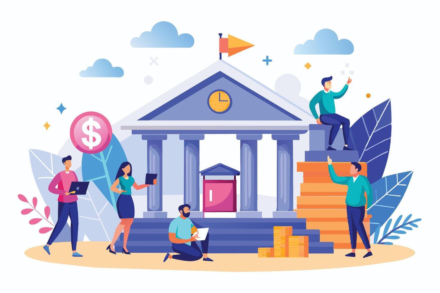An illustration showing people working together outside of a bank building. They are collaborating and using technology to achieve their financial goals. vector