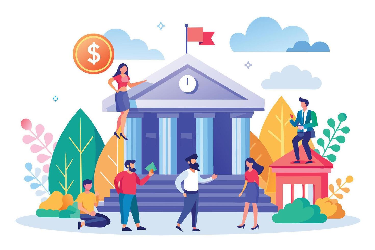 An illustration of people standing outside a large blue building with columns and a golden dollar sign, suggesting a bank or financial institution. vector