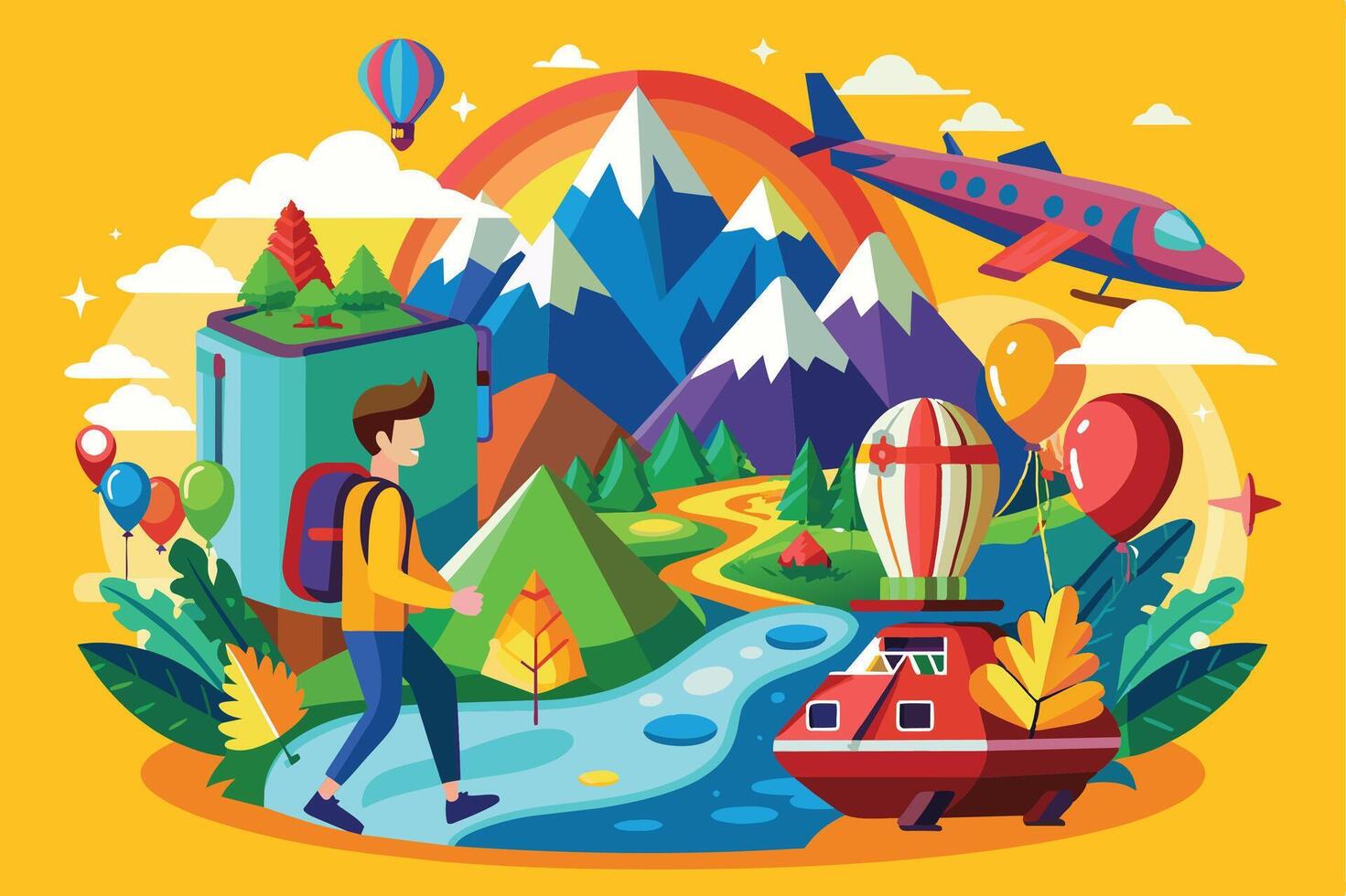 A cartoon illustration of a young man hiking through a vibrant landscape with mountains, a river, and hot air balloons. vector