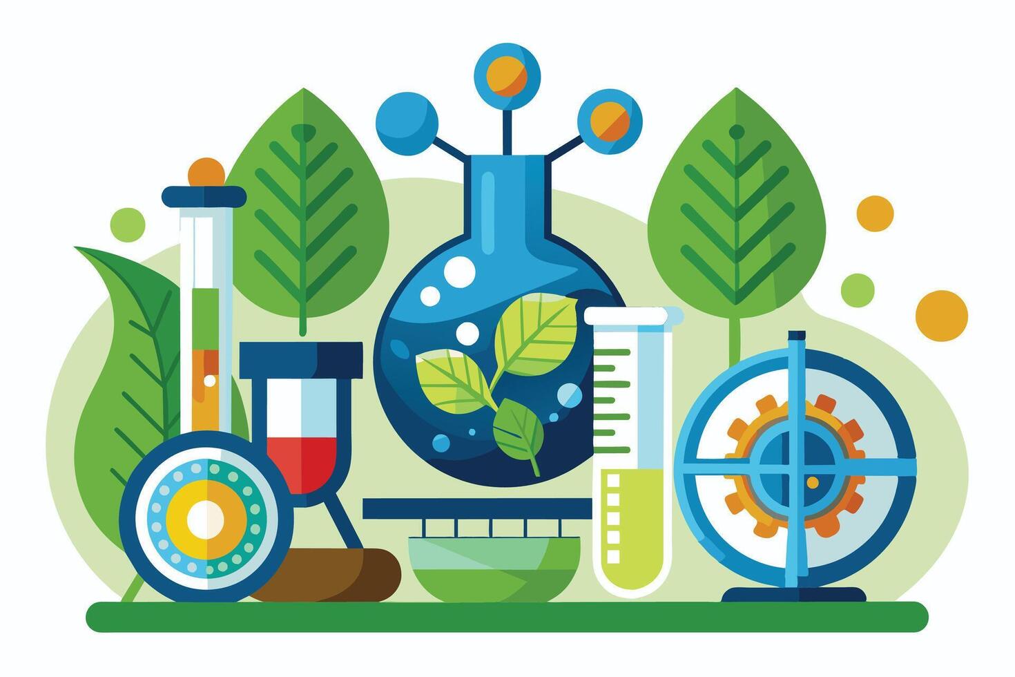 A colorful illustration depicting a green science laboratory with a beaker, test tubes, and other scientific equipment. vector