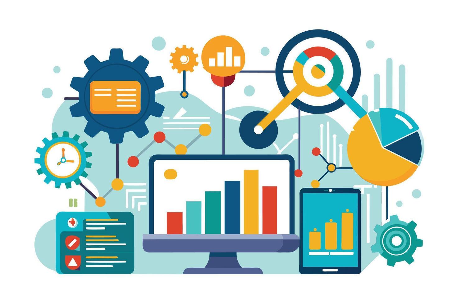 A colorful illustration depicting data analytics, digital marketing, and technology through various graphical elements like charts, graphs, and gears. vector