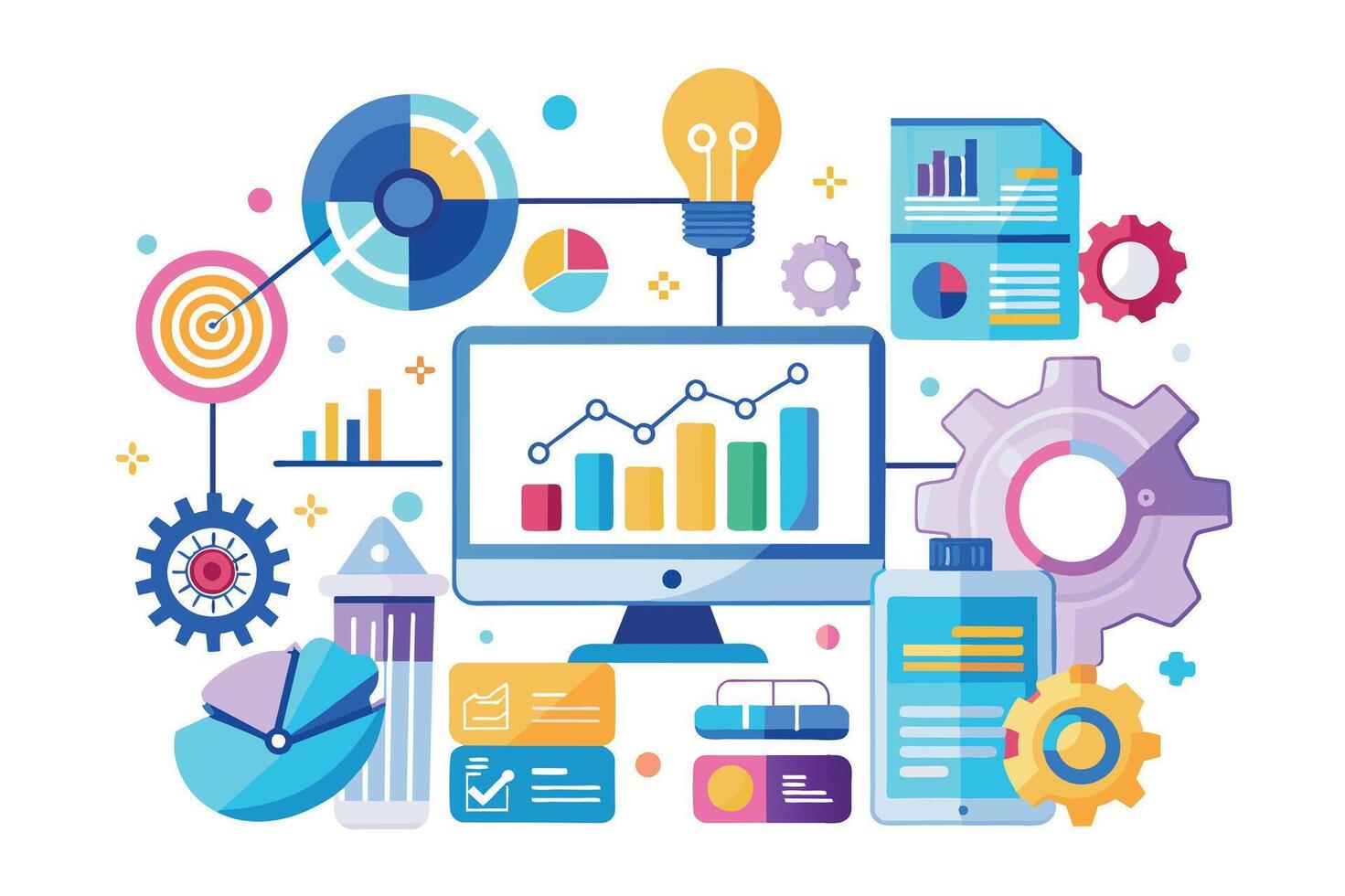 An illustration depicting various data points, charts, graphs, and gears, representing data analysis and business strategy. vector
