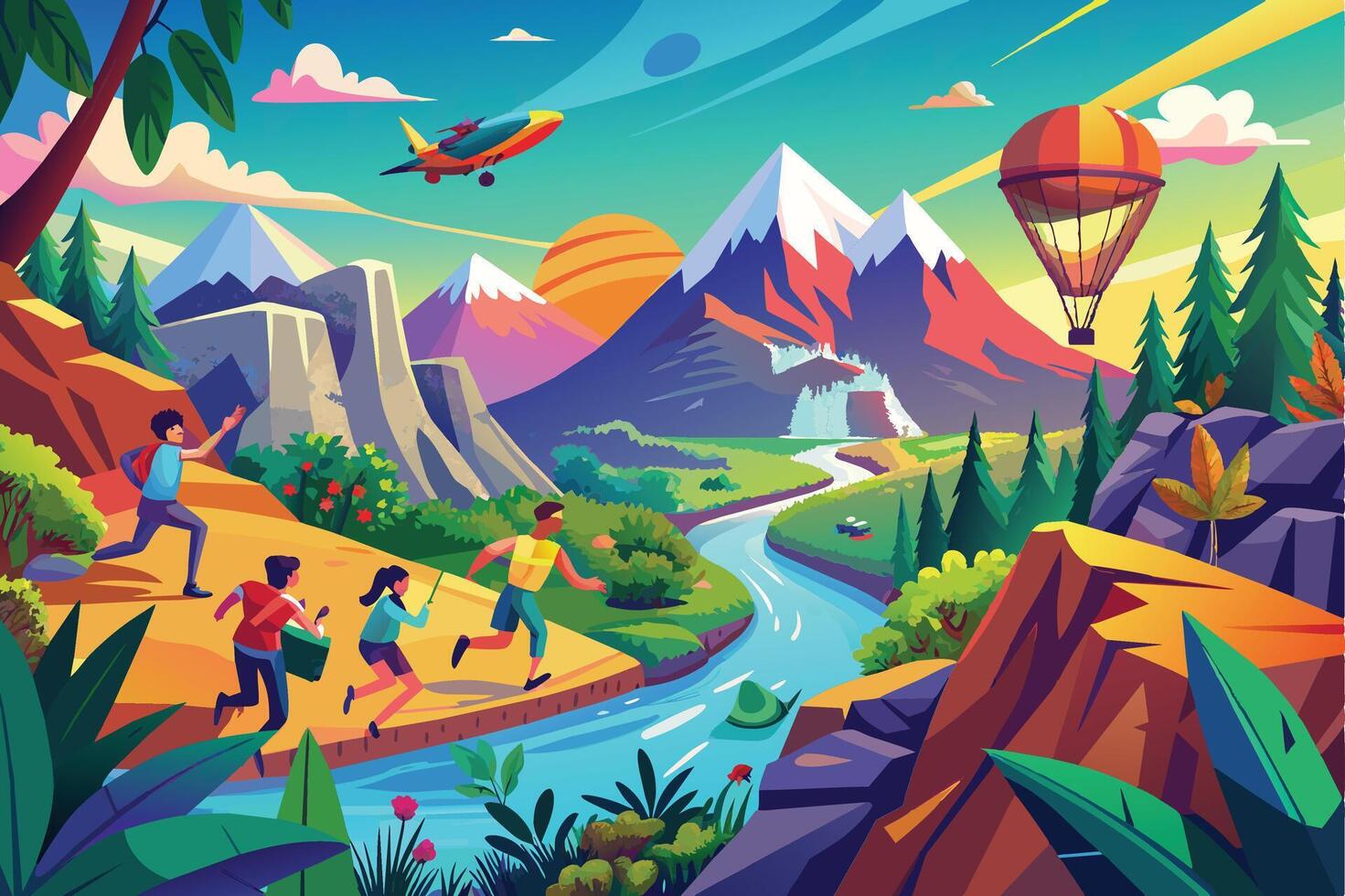 A vibrant illustration depicting a mountain landscape with a river winding through it. People hike on a path, while a hot air balloon floats above. A plane flies overhead. vector