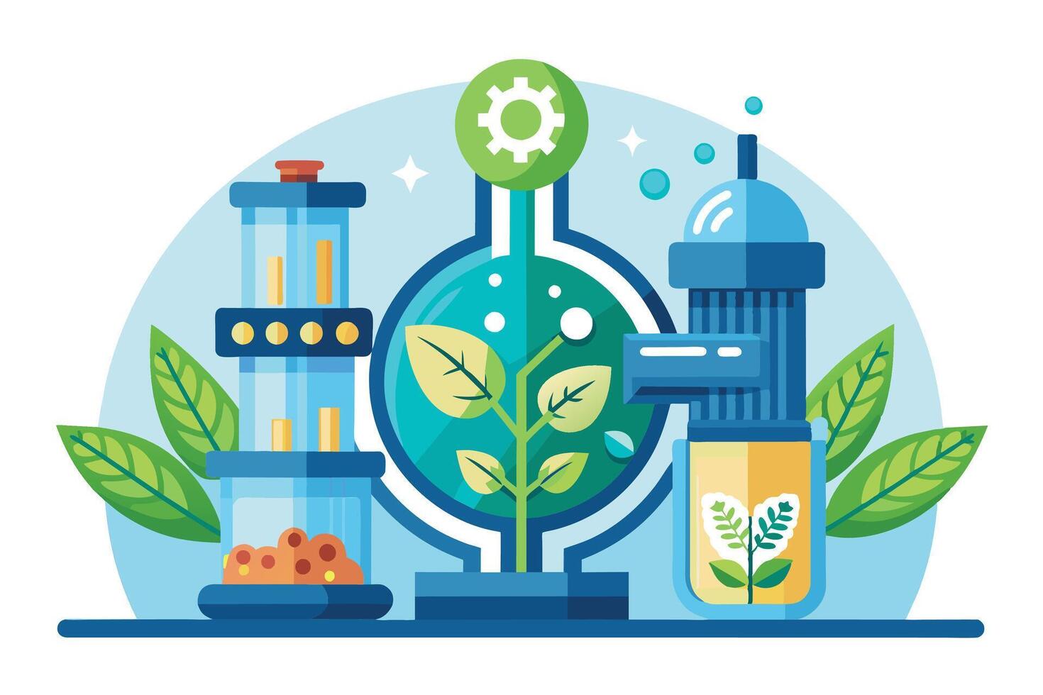 A cartoon illustration depicting plant growth in laboratory beakers with a gear-shaped icon, representing scientific experimentation and progress. vector
