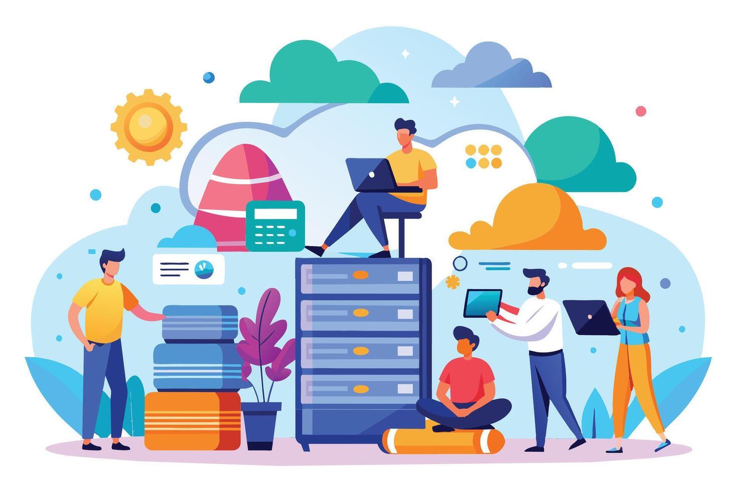 Illustration showing people in a cloud computing setting. Server rack surrounded by people on laptops and tablets, with clouds and tech symbols in the background. vector