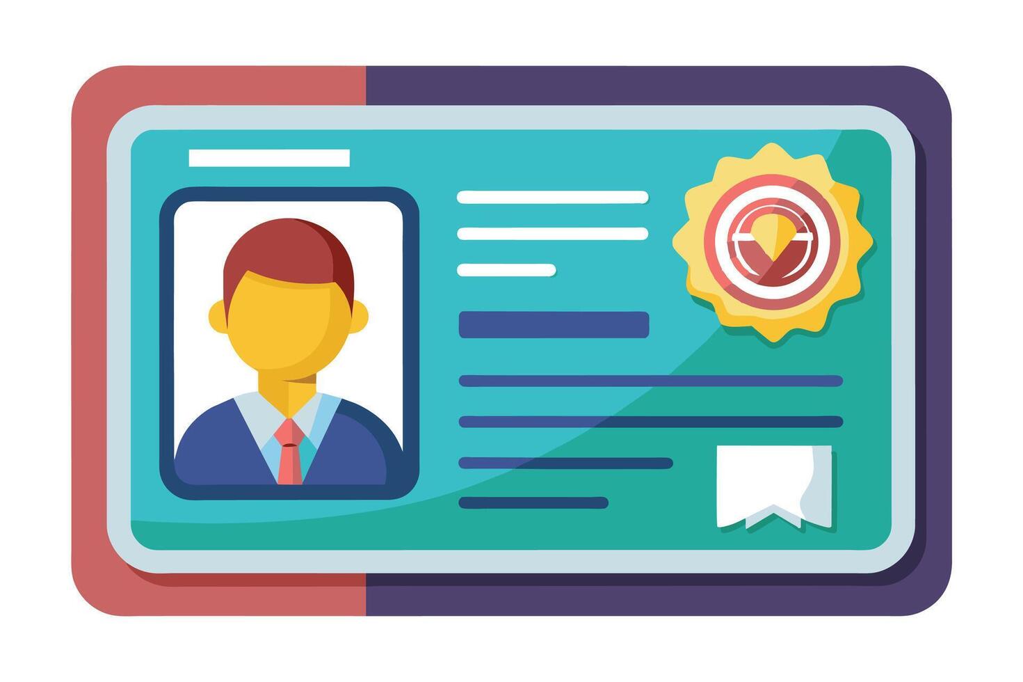 An illustration of a digital identification card with a mans profile picture and a seal of approval. vector