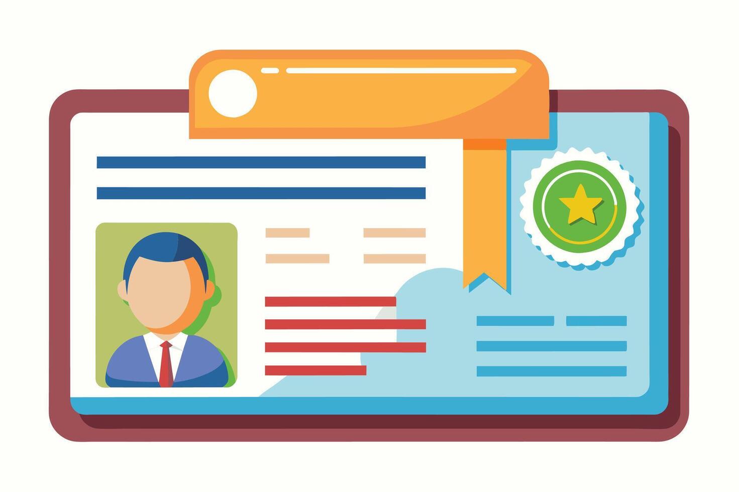 A flat design illustration of an ID card with a photo, text, and a seal. The ID card has a yellow ribbon and a green star on the seal. vector