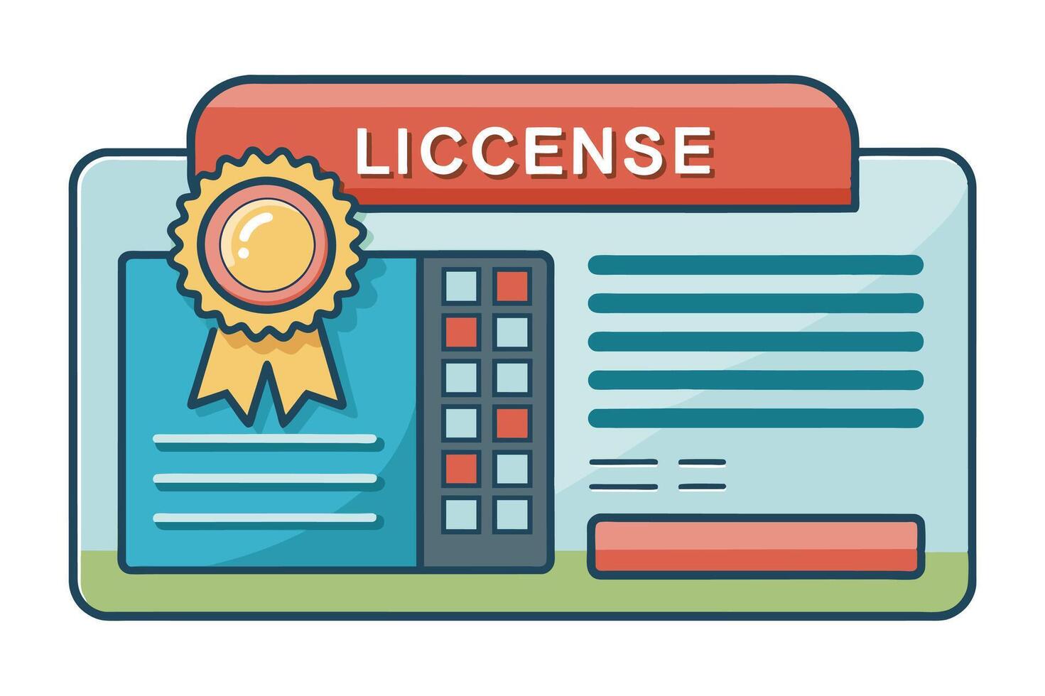 A colorful illustration of a digital license featuring a ribbon and a grid of information fields. vector