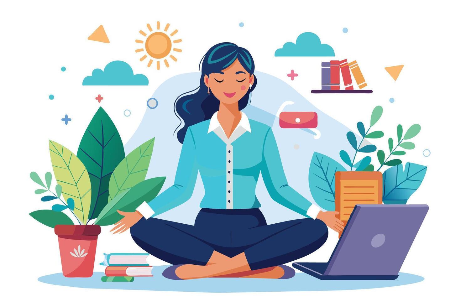 A woman in a blue shirt and dark pants sits in a lotus position, meditating in the middle of a workday. vector
