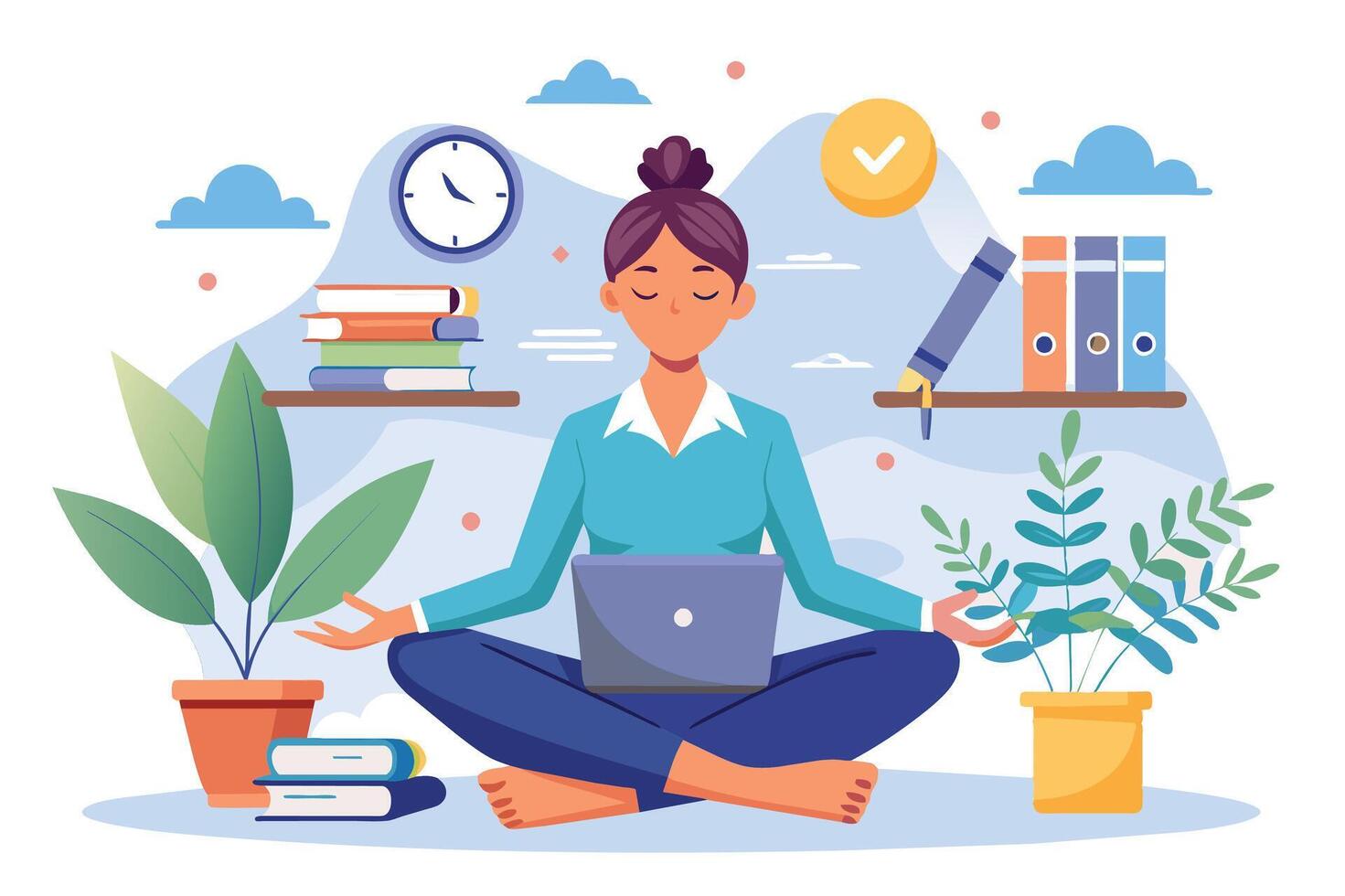 A woman meditates in a lotus position while working on her laptop in a home office setting. She has her eyes closed and appears relaxed. vector