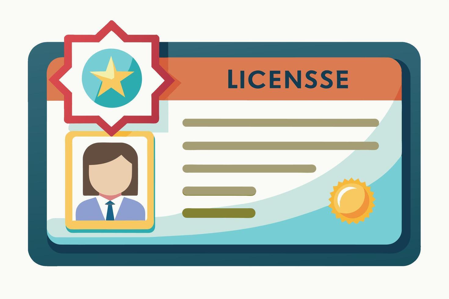 An illustration of a license card with a womans profile picture, a star-shaped seal, and empty lines for information. vector