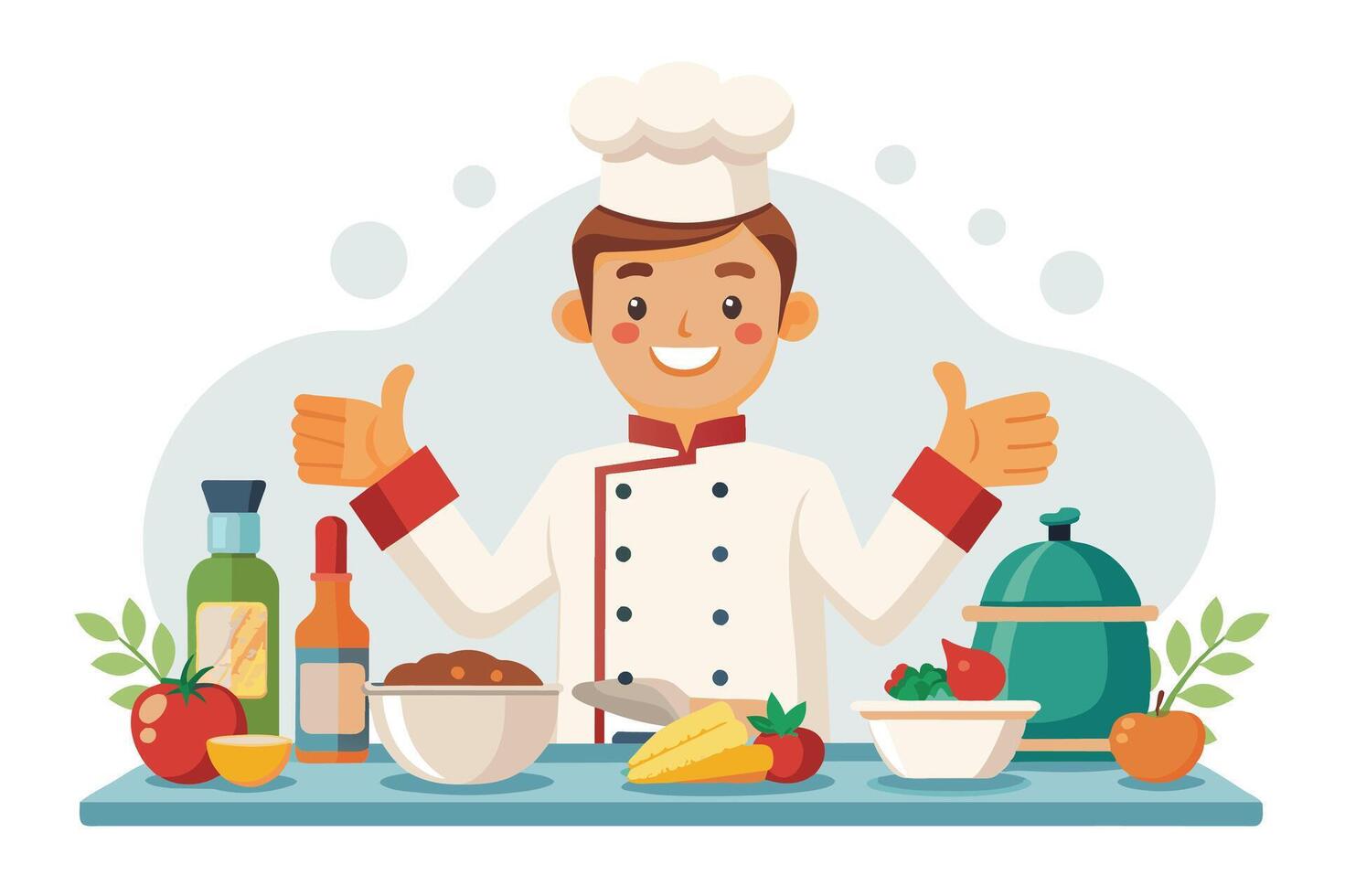 A cartoon chef with a white chef hat and red trim stands in a kitchen with his arms outstretched and thumbs up. He has a smiling face and is surrounded by kitchen utensils and ingredients. vector