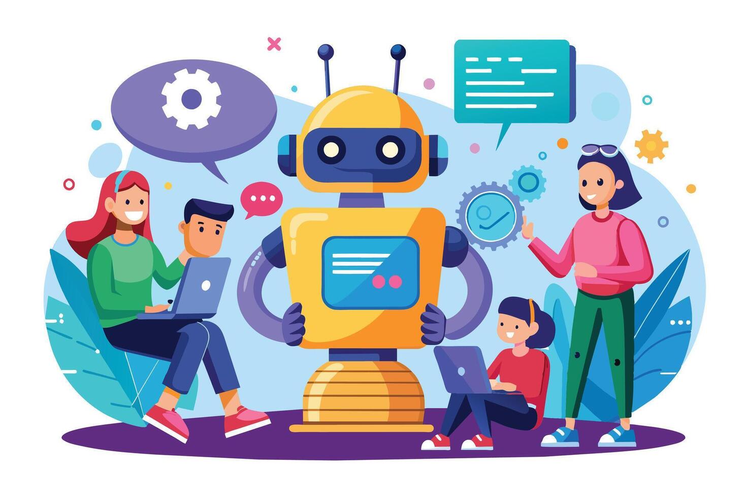 An illustration depicting a large yellow robot working with four people, each using a laptop, and one pointing to a gear with a checkmark. vector