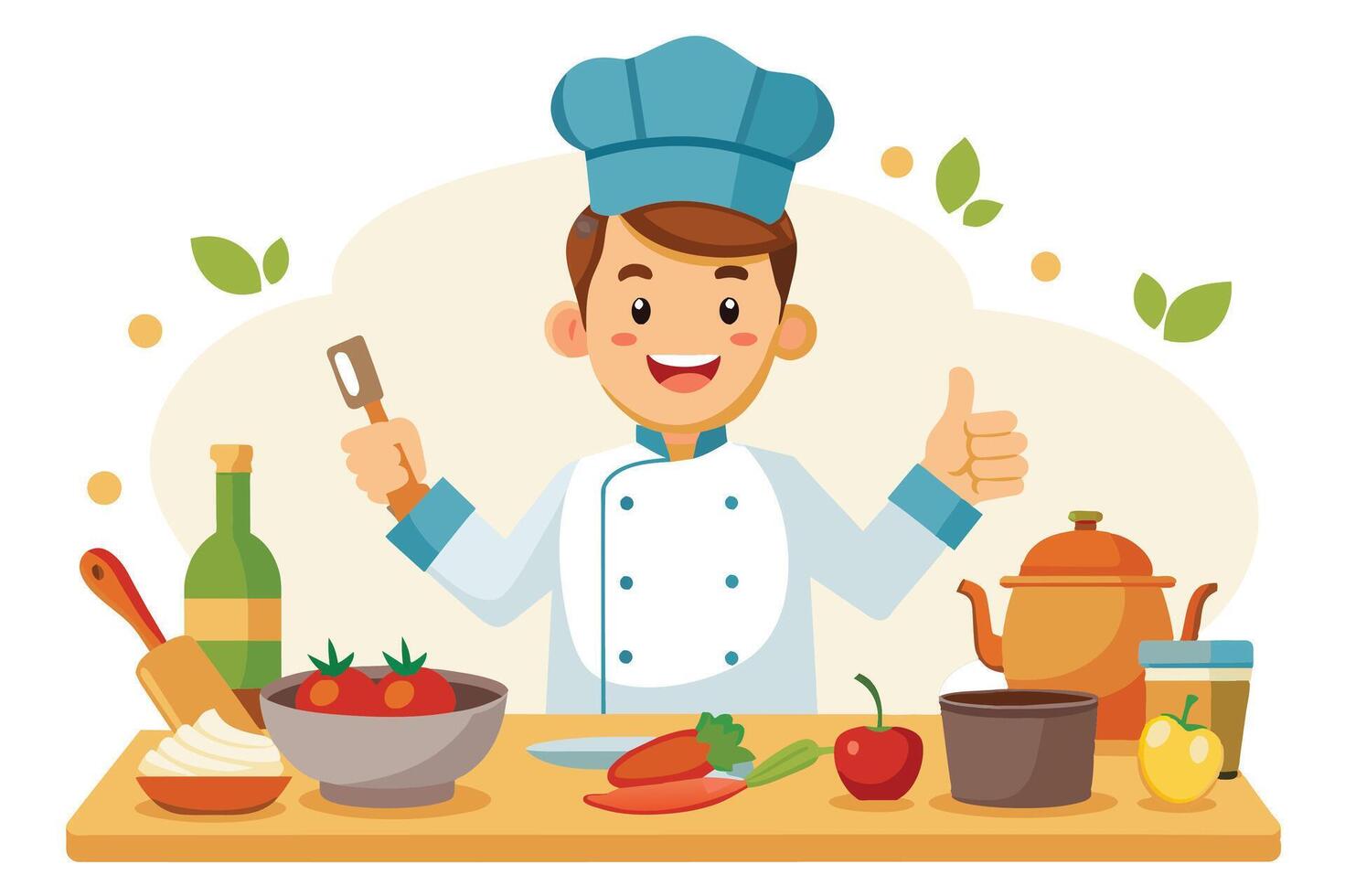 A cartoon chef stands in a kitchen, holding a spatula and giving a thumbs up. He is surrounded by various cooking ingredients, including a bottle of wine, tomatoes, carrots, and a cherry. vector