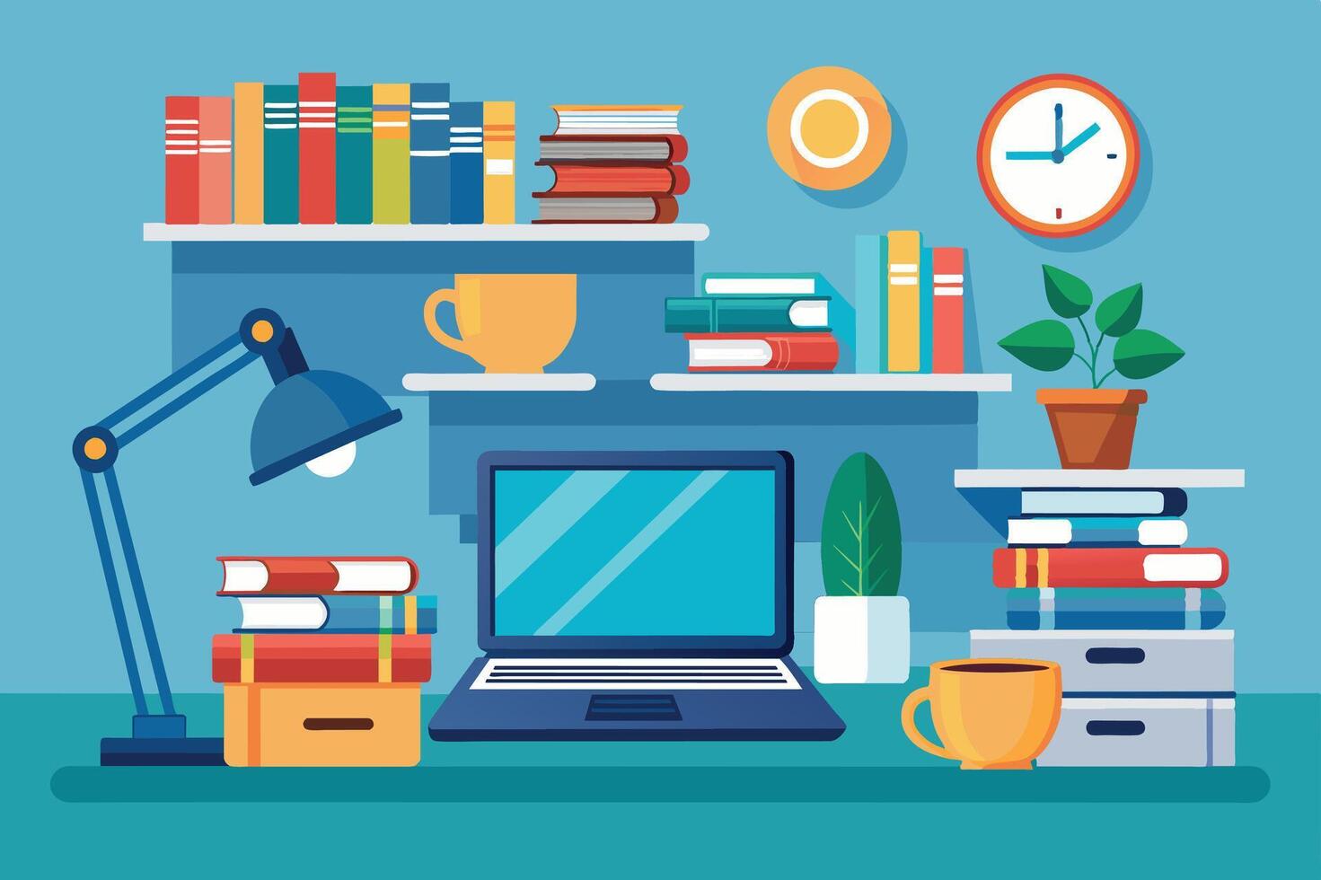 A home office desk illustration with a laptop, a lamp, a plant, a clock, bookshelves, and two mugs. vector