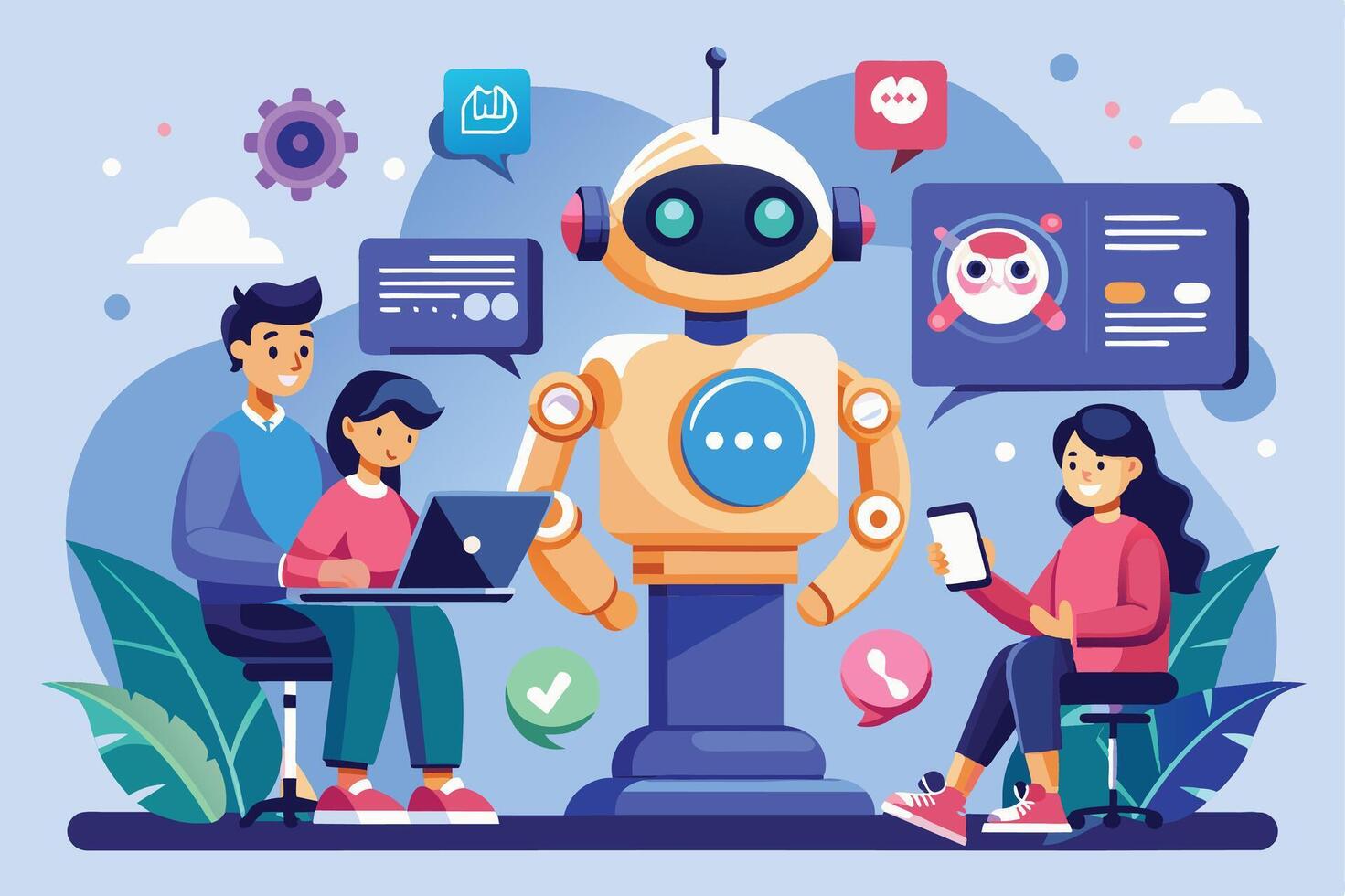 An illustration depicts three people interacting with a friendly AI robot in a modern office setting. The people are using technology devices and the robot is providing assistance. vector