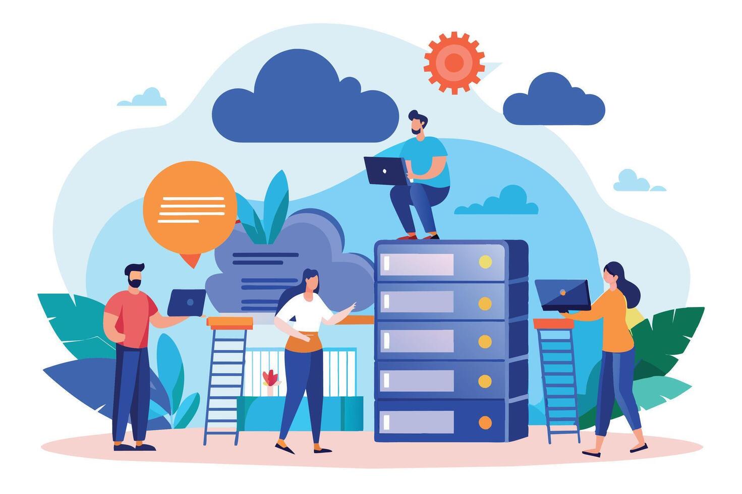 Bright illustration of people working on a server in a cloud. Using laptops in sunny blue sky with clouds around the server. vector
