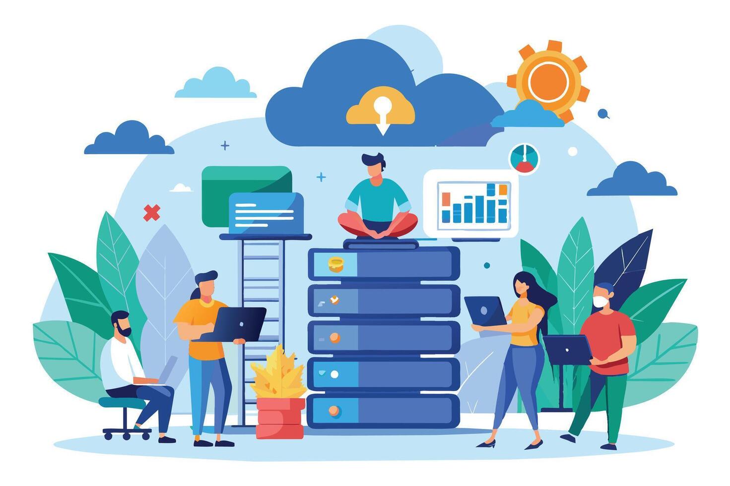 A group of professionals collaborating on a cloud server infrastructure - man on servers, woman and man on laptops, another man on computer. vector