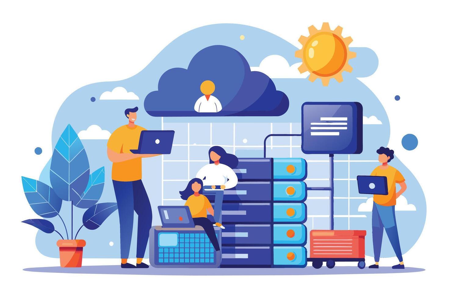 A cartoon illustration depicting people using laptops while working on a server rack connected to the cloud. vector