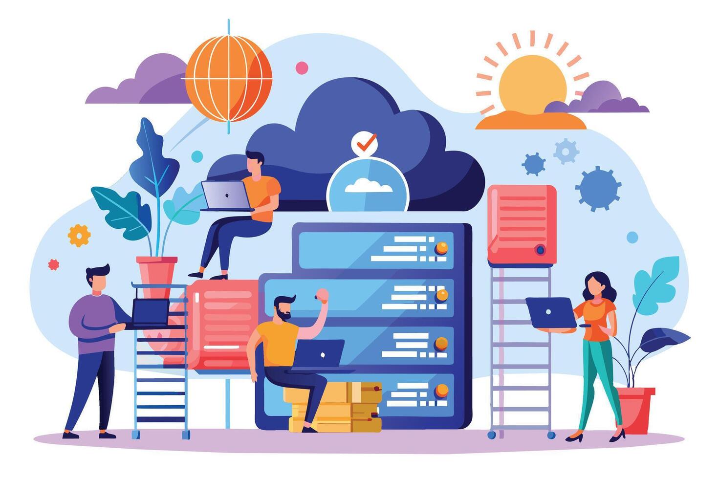 An illustration depicting a group of people working with cloud computing and servers in a sunny day setting. vector