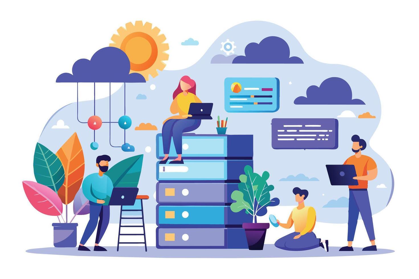 An illustration depicting four people working on a cloud server, surrounded by plants and a sunny sky. vector