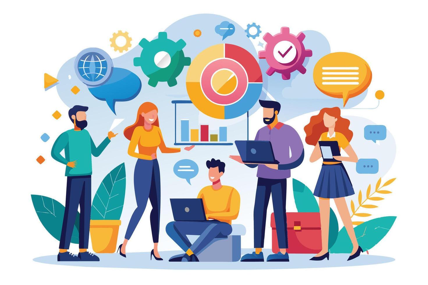 A diverse team of professionals collaborates on a data analysis project, using laptops and a whiteboard displaying charts and graphs. vector