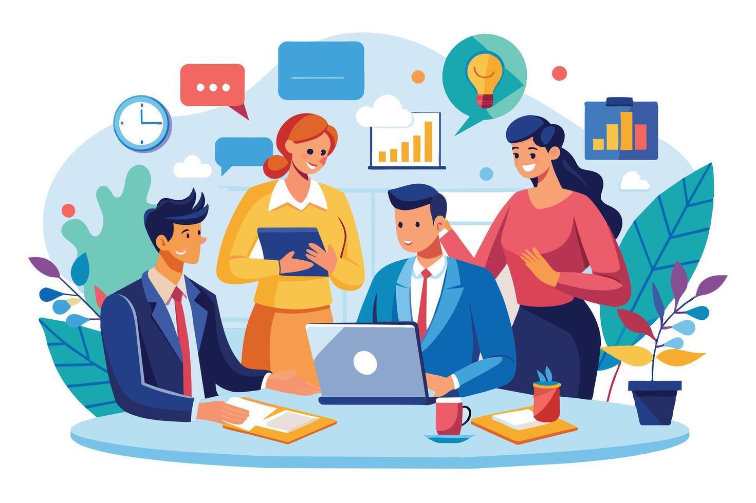 A group of business professionals work together at a table, focusing on their laptops and digital tablets. The image conveys a sense of teamwork, collaboration, and success. vector