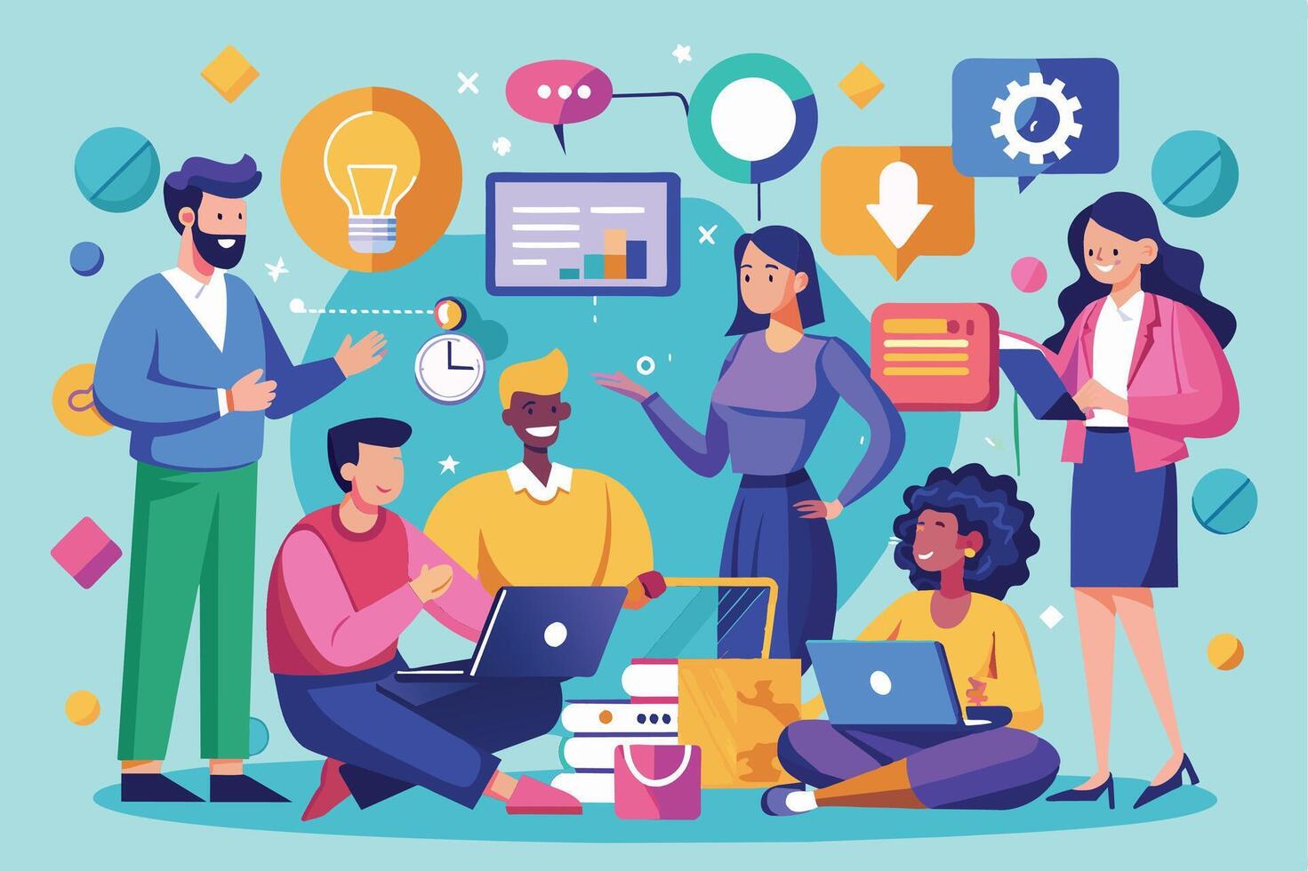 A diverse team of five people collaborates on a creative project in an office setting. They are working on laptops, brainstorming, and sharing ideas. vector