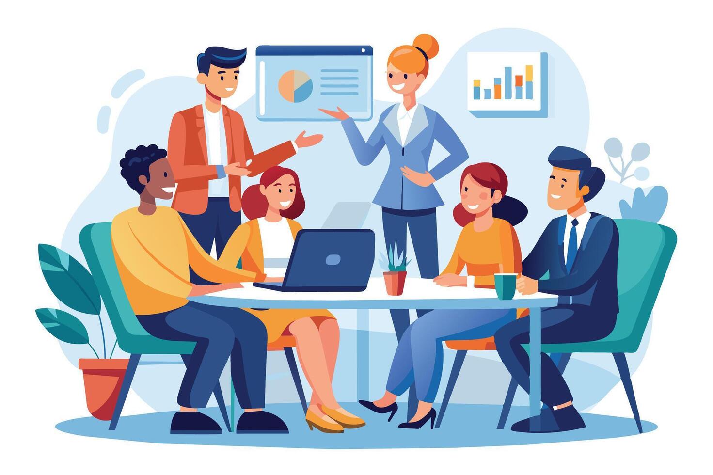 A business team of five people is having a meeting around a table. Two people are standing and three are sitting, while all of them are looking at a laptop and charts. vector