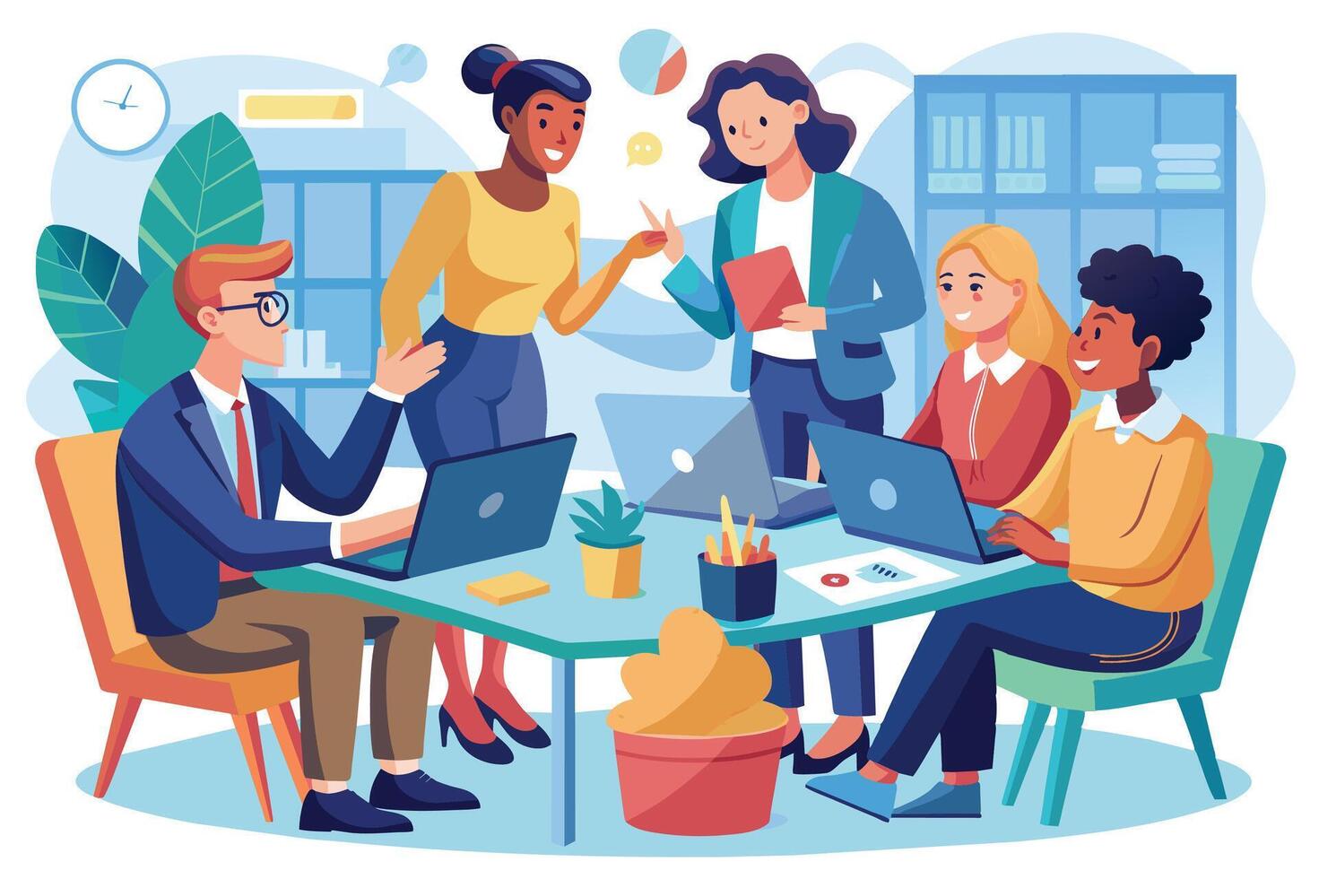 A team of professionals collaborates on a project during a business meeting. They are seated around a table with laptops and office supplies, working together effectively. vector