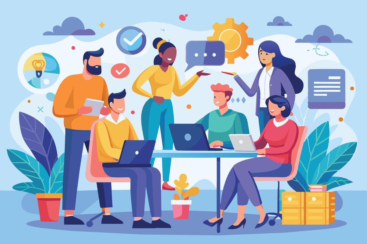 A diverse team of professionals is gathered around a table, working on a project together. They are using laptops and engaging in conversation, indicating collaboration and teamwork. vector