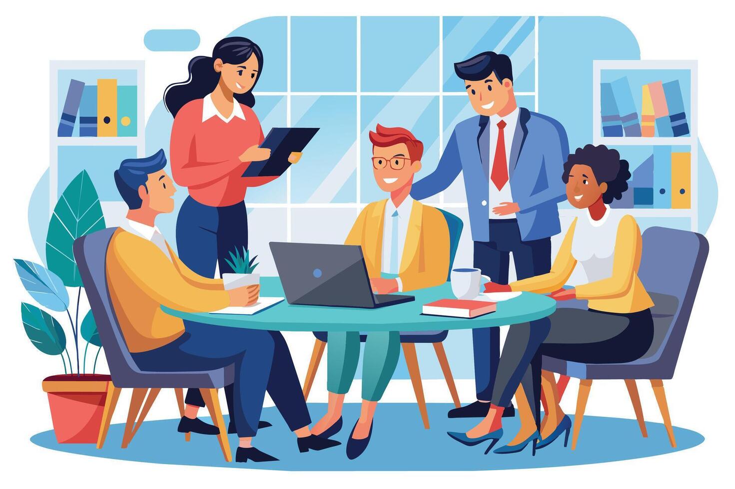 An illustration of a diverse team meeting in a modern office setting. The group is seated around a table, discussing ideas and using a laptop. vector