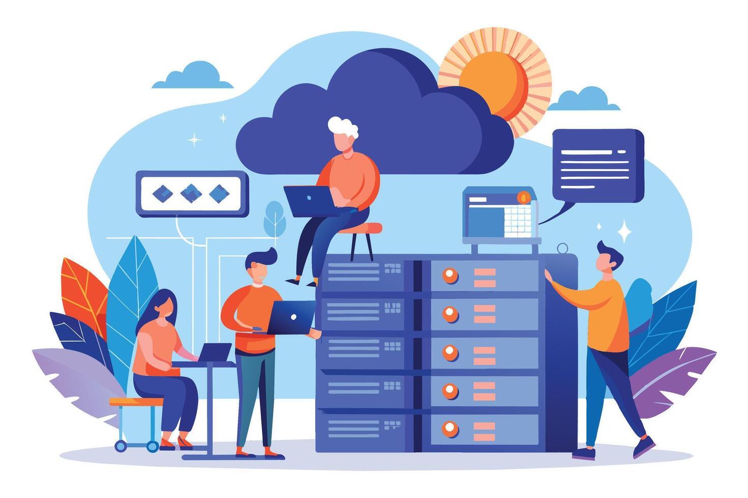 An illustration showing a team of people working on a server in a cloud computing environment. vector