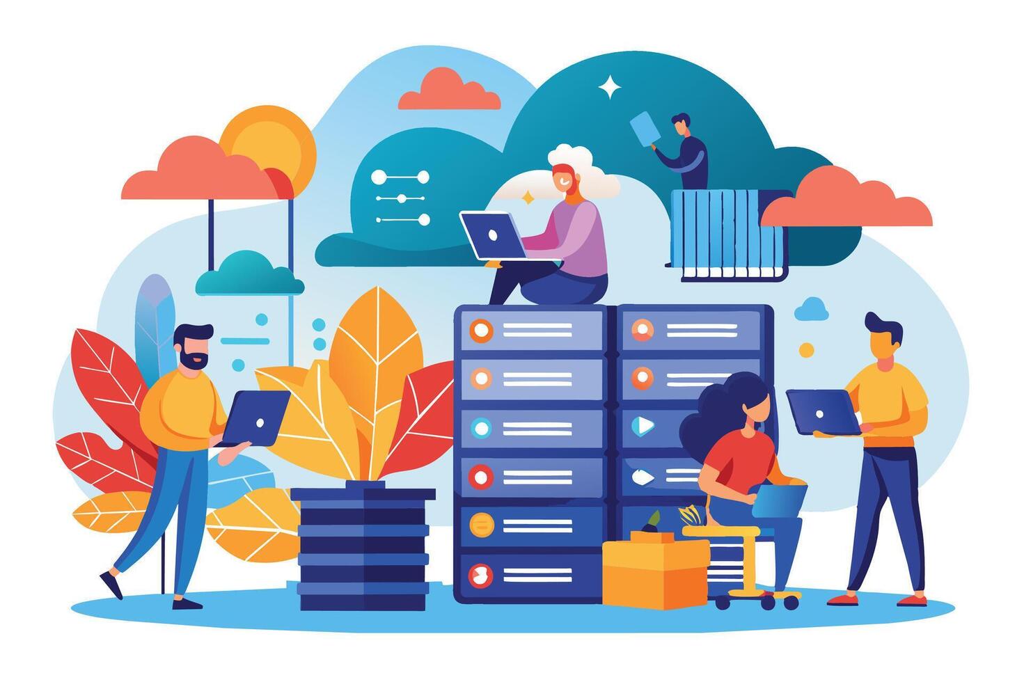An illustration depicting people working on computers near a server rack in the cloud. The image represents cloud computing, data storage, and collaboration. vector