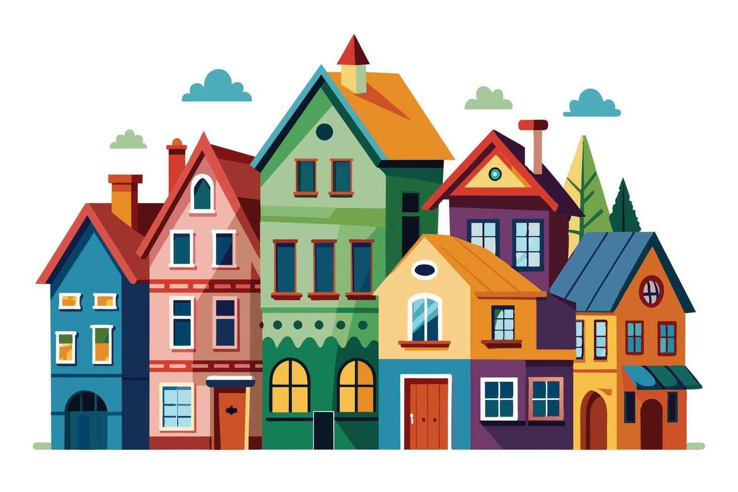 An illustration of a row of colorful houses with different architectural styles and details, with trees and clouds in the background, suggesting a sunny day in a lively town. vector