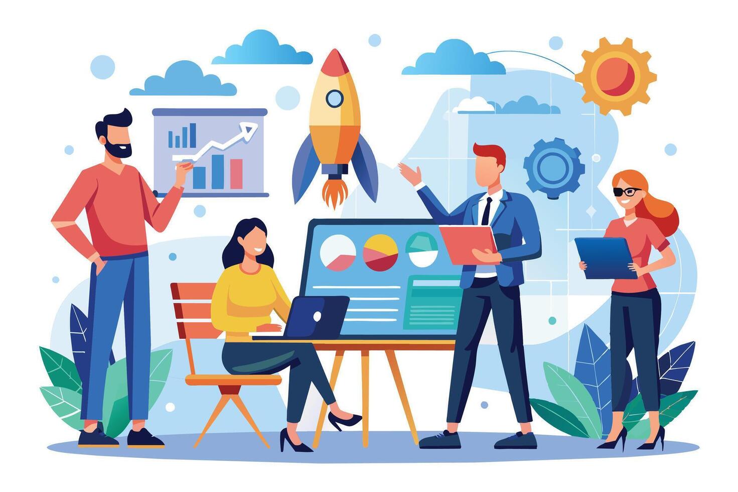 A team of four individuals is working on a new project. The image depicts them analyzing data, collaborating, and preparing for a launch. vector