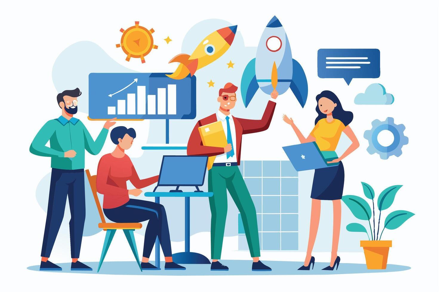 A group of business professionals collaborate in an office setting, demonstrating teamwork, innovation, and growth. vector