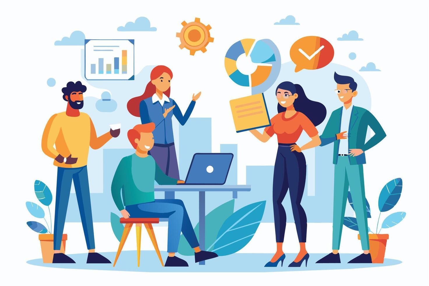 An illustration of a diverse team collaborating on a project during a meeting. Two team members discuss a document, while the other two listen and engage. vector
