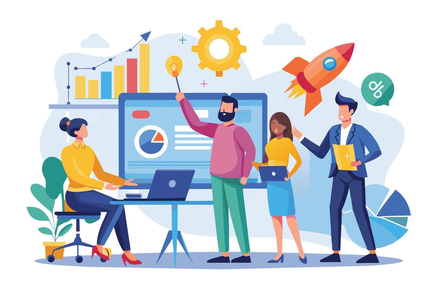 A team of four professionals collaborates on a project growth strategy, using data analysis, a light bulb for ideas, and a rocket to illustrate growth. vector