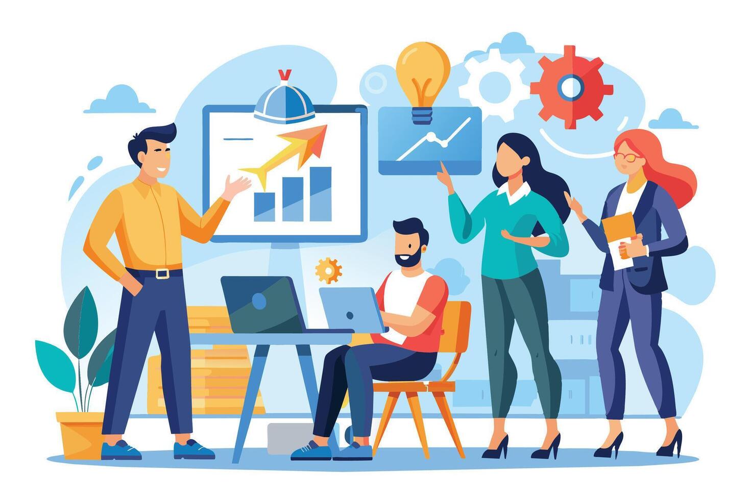 A team of four individuals are collaborating on a project. They are analyzing data and discussing growth strategies, utilizing laptops, a whiteboard, and innovative ideas. vector