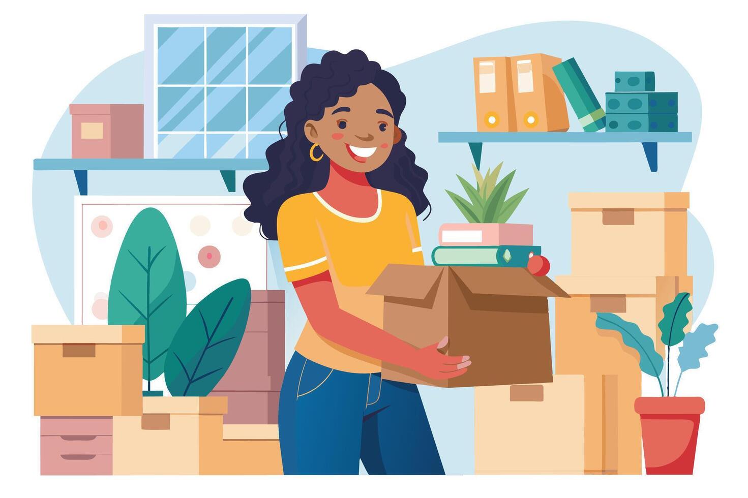 A woman smiles as she carries a cardboard box filled with office supplies. In the background, several other boxes are stacked, and there are office plants in the room. vector