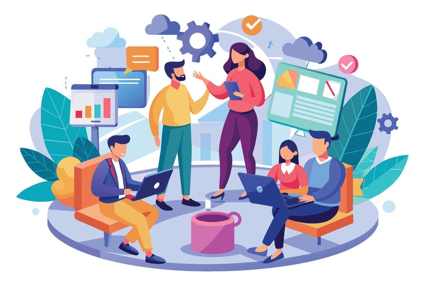 An illustration of four professionals collaborating on a project, brainstorming ideas, and discussing strategies. vector