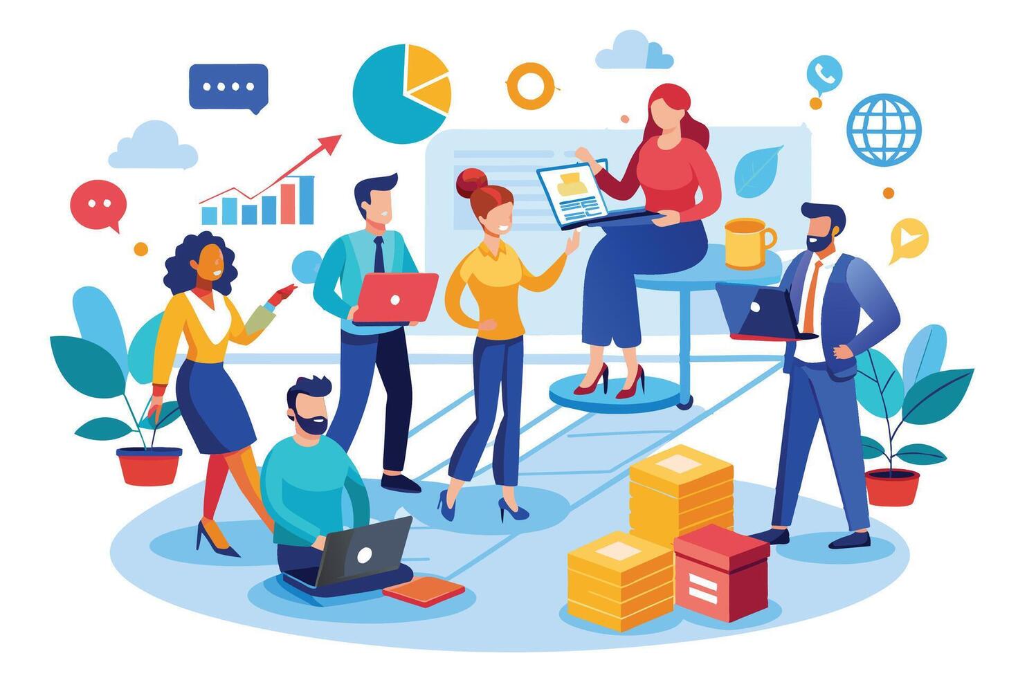 An illustration depicts a team of diverse individuals working together in a modern office setting, analyzing data, collaborating on a project, and discussing business strategy. vector