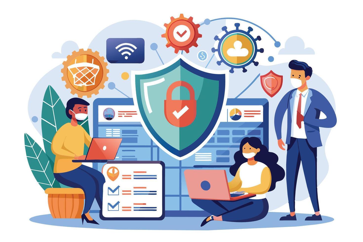 Illustration of three people working online in teamwork, wearing masks, with shield, padlock, and virus symbols for security. vector