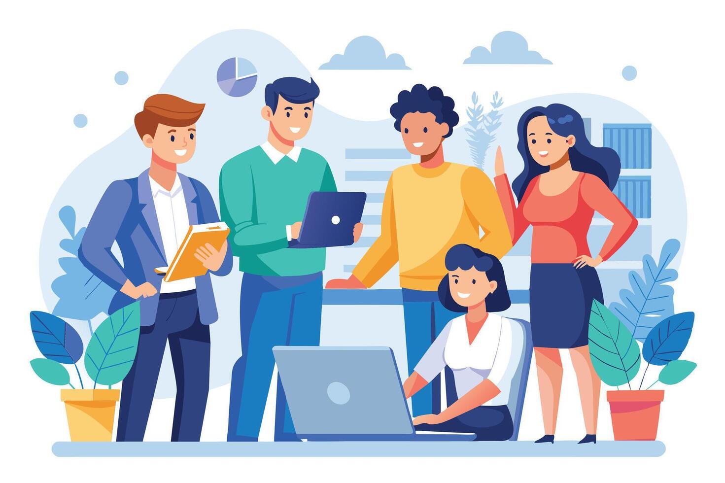 A diverse group of business professionals collaborate on a project in a modern office setting. They are using laptops and documents to work together effectively. vector